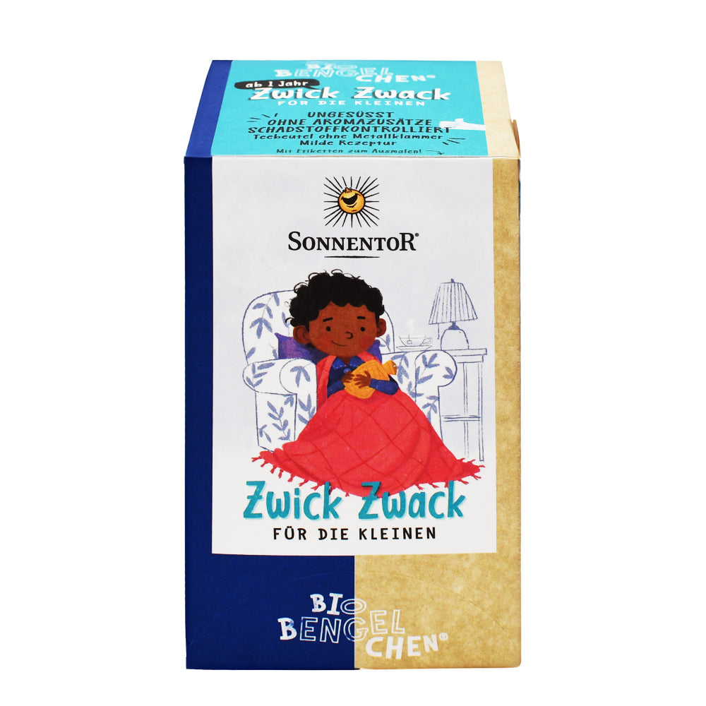 Zwick Zwack Bio-Kräutertee von Biobengelchen – 18 Teebeutel für Kinder ab 1 Jahr, mit Zitronenmelisse und Fenchel, jetzt online kaufen.
