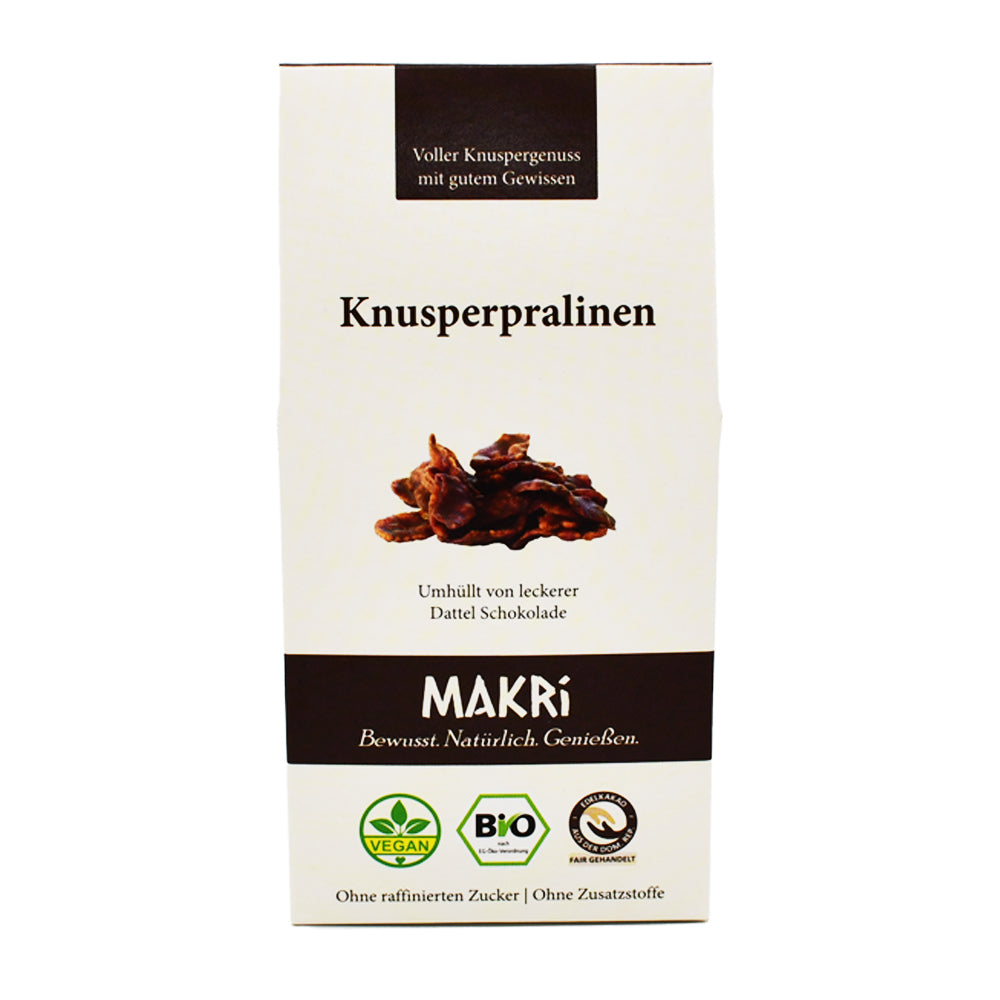 MAKRi Bio Knusperpralinen – knusprige Cornflakes und Mandeln in zarter Dattelschokolade, ohne raffinierten Zucker. Jetzt im Biomarkt Landgefühl in Wiehl kaufen!