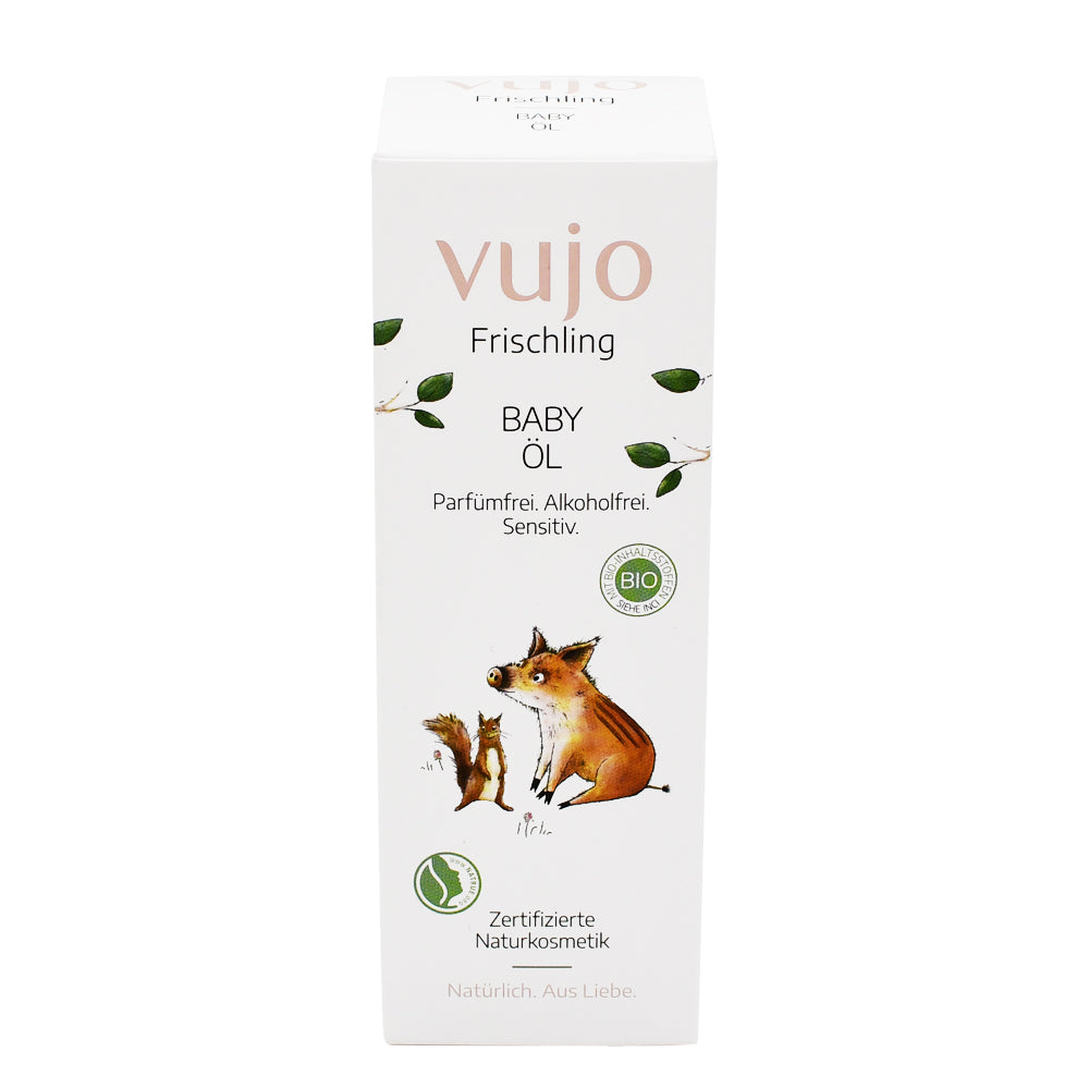 Vujo Frischling Baby Öl 100 ml – Sanfte Pflege mit Bio-Reiskeim- und Aprikosenkernöl, ideal für empfindliche Babyhaut. Jetzt im Biomarkt Landgefühl kaufen.