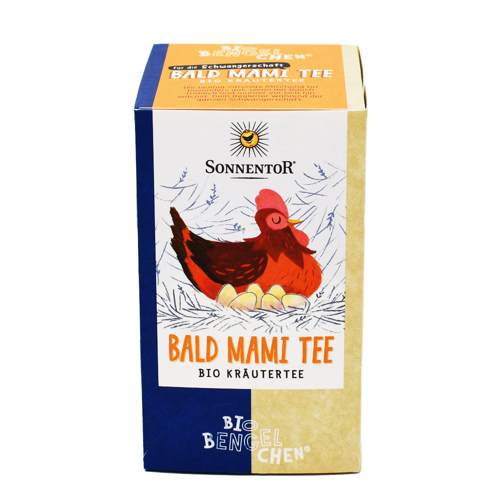 Blumig-zitroniger Bald Mami Bio-Kräutertee in stilvoller Verpackung – idealer Begleiter für die Schwangerschaft, mit natürlichen Zutaten wie Zitronenmelisse und Orangenblüten.