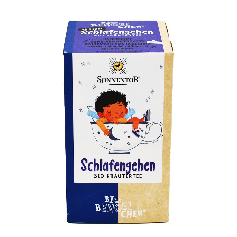 Schlafengehen Bio-Kräutertee von Biobengelchen – jetzt online kaufen, milder Kindertee mit biologischen Kräutern wie Kamille und Lavendel, ideal zur Vorbereitung auf eine erholsame Nacht für Kinder ab 1 Jahr.