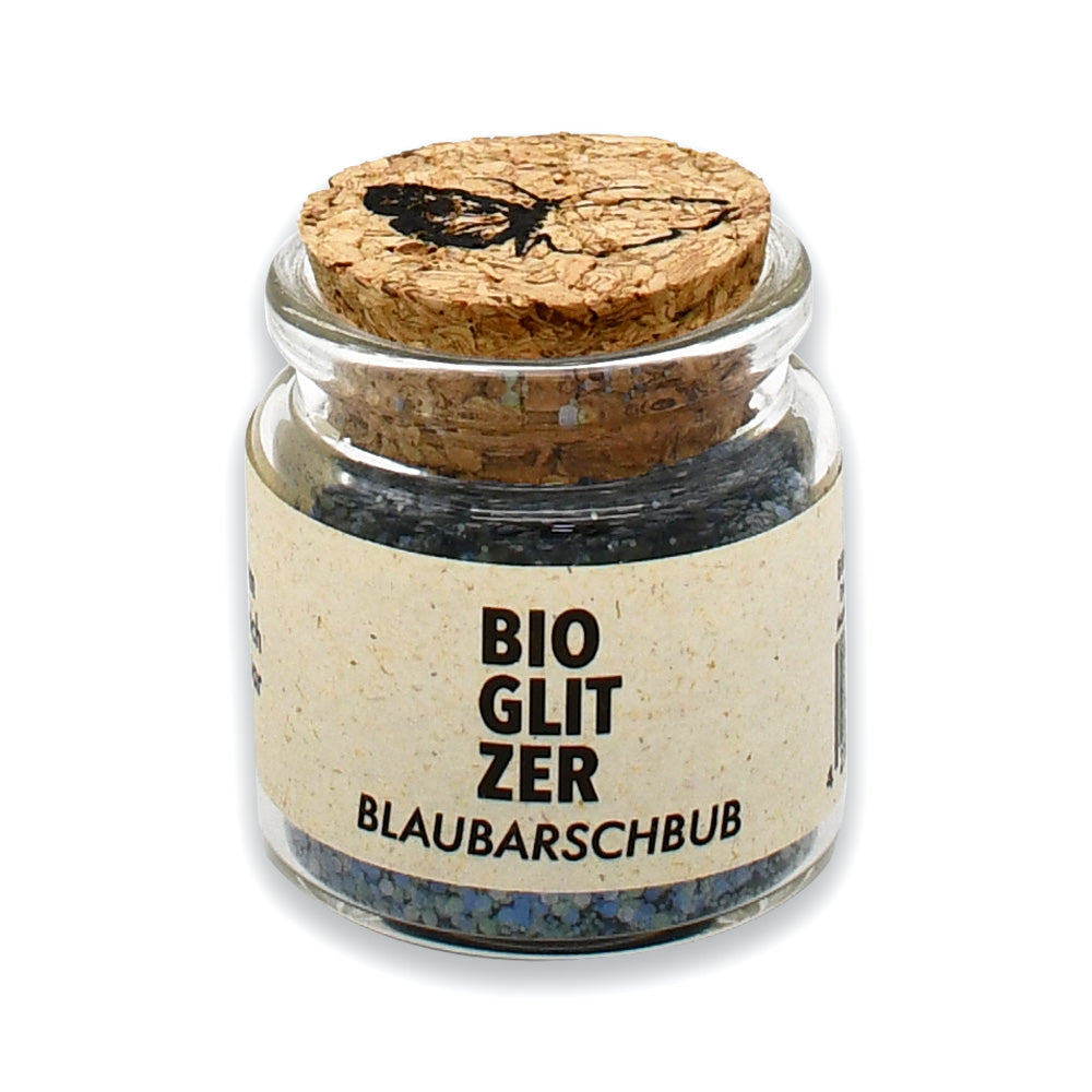 Biologisch abbaubarer Glitzer/Glitter von Birkenspanner im Online-Shop des Biomarkt Landgefühl - Blaubarschbub - Blau mit Silber