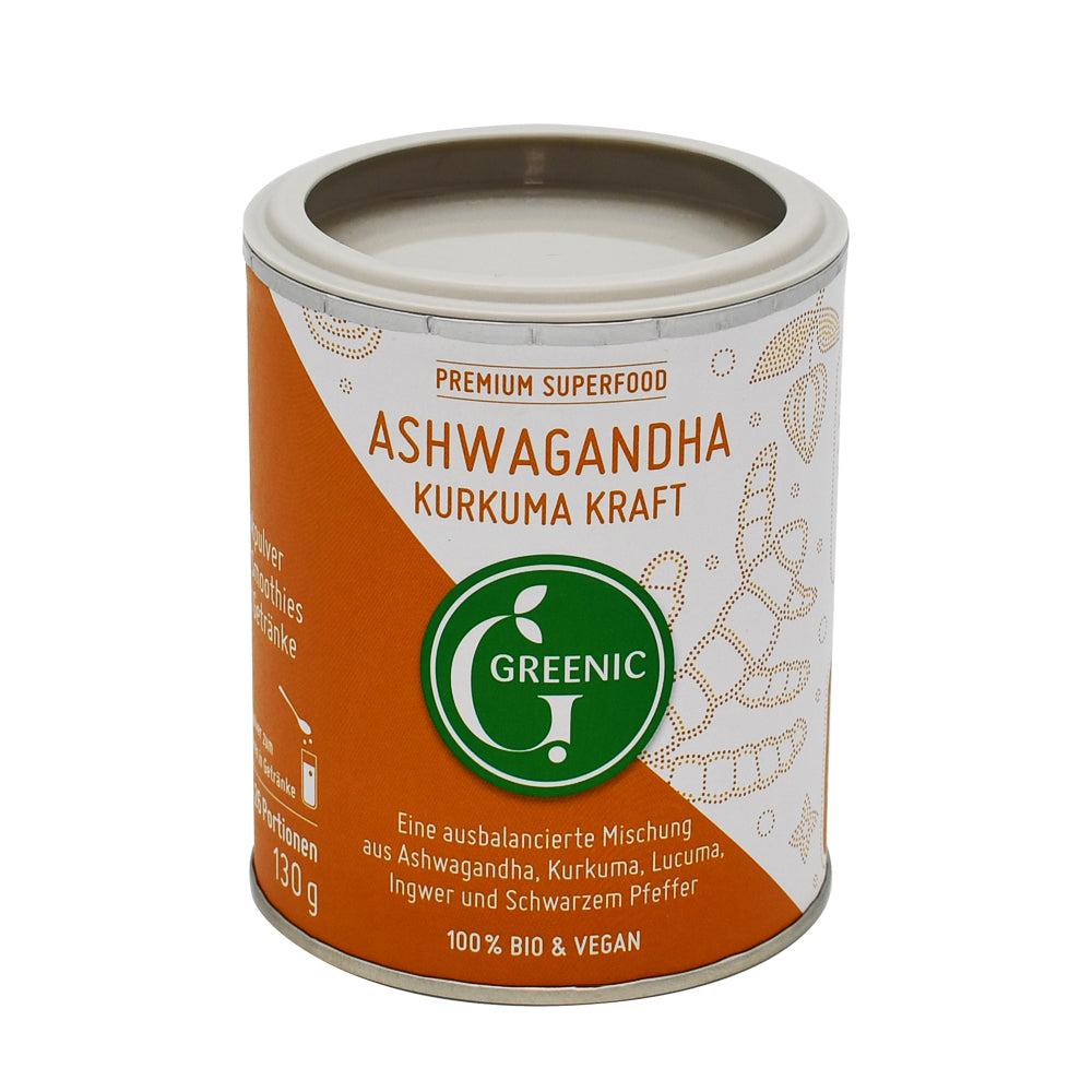 Greenic Ashwagandha Kurkuma Kraft – Bio-Superfood-Mischung mit Kurkuma und Ashwagandha. Jetzt im Online-Shop vom Biomarkt Landgefühl in Wiehl kaufen!