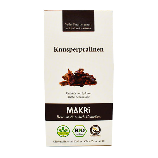 MAKRi Bio Knusperpralinen – knusprige Cornflakes und Mandeln in zarter Dattelschokolade, ohne raffinierten Zucker. Jetzt im Biomarkt Landgefühl in Wiehl kaufen!