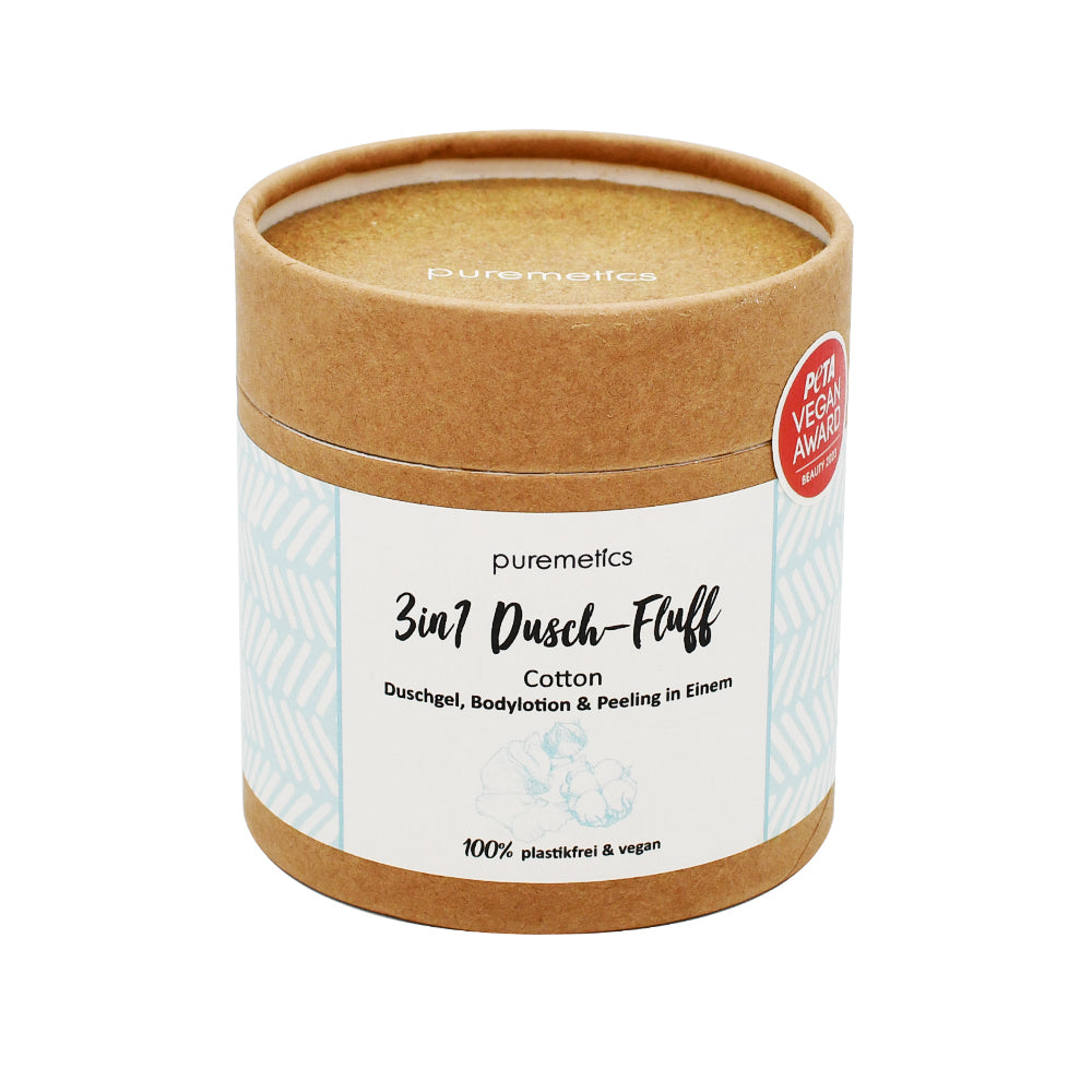 puremetics 3in1 Dusch-Fluff 'Cotton' – Sanfte Reinigung, Peeling und Pflege mit unwiderstehlichem Duft. Plastikfrei & vegan. Jetzt kaufen!