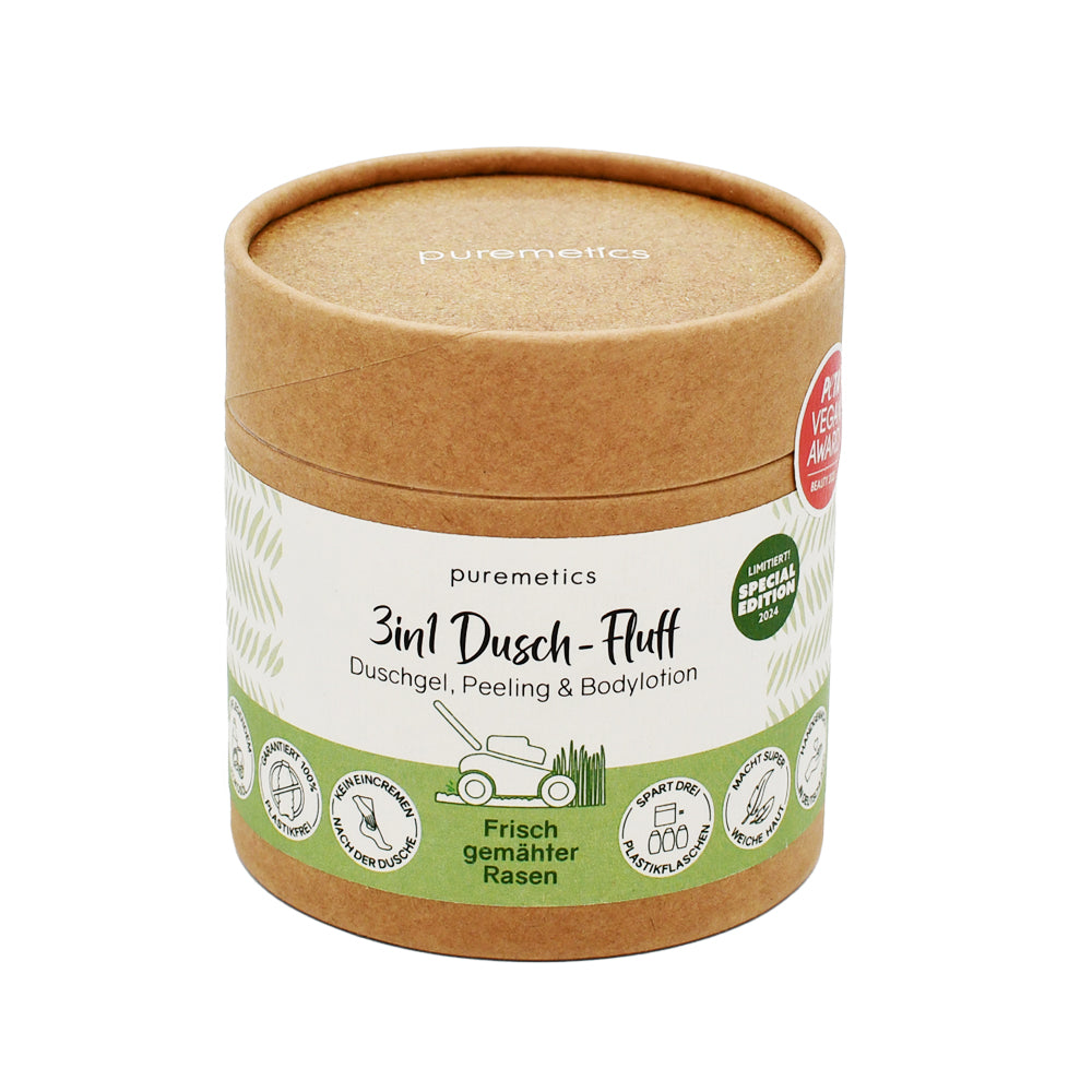 3in1 Dusch-Fluff "Frisch gemaehter Rasen" von puremetics nachhaltig online kaufen im Online-Shop vom Biomarkt Landgefühl