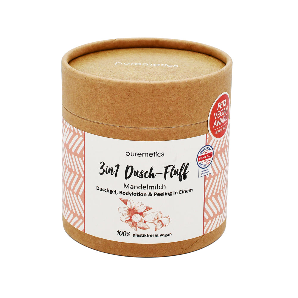 puremetics 3in1 Dusch-Fluff 'Mandelmilch' – Sanfte Reinigung, Peeling und Pflege mit verführerischem Mandelmilchduft. Plastikfrei & vegan. Jetzt kaufen!
