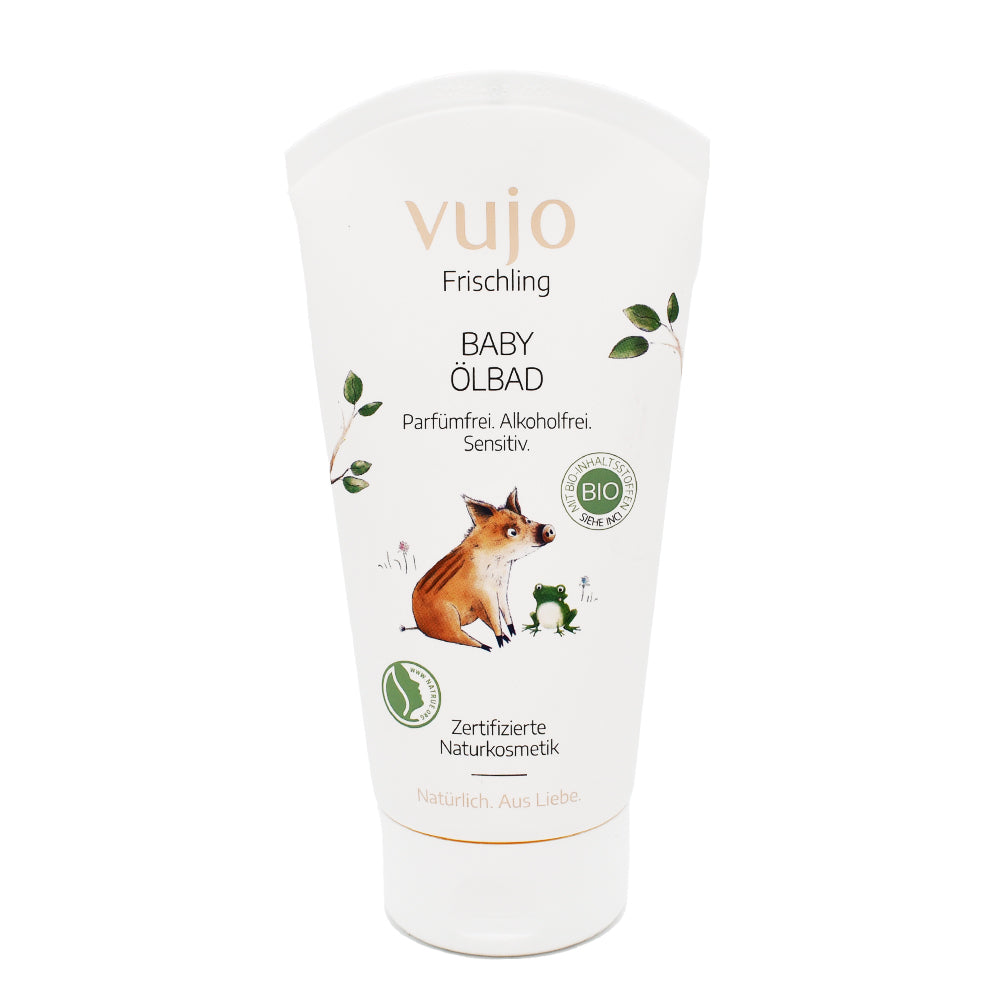 Vujo Frischling Baby Ölbad 150 ml – Sanfte Pflege mit Bio-Sonnenblumen- und Reiskeimöl, ideal für empfindliche Babyhaut. Jetzt im Biomarkt Landgefühl kaufen.