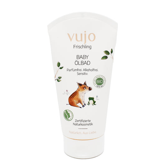 Vujo Frischling Baby Ölbad 150 ml – Sanfte Pflege mit Bio-Sonnenblumen- und Reiskeimöl, ideal für empfindliche Babyhaut. Jetzt im Biomarkt Landgefühl kaufen.