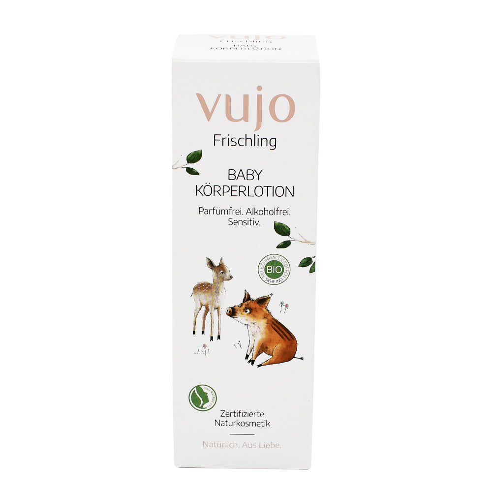 Vujo Frischling Baby Körperlotion 200 ml – Sanfte Pflege mit Bio-Aloe Vera, Mandelöl und Sheabutter für empfindliche Babyhaut. Jetzt im Biomarkt Landgefühl kaufen.