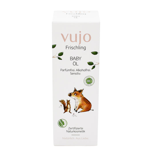Vujo Frischling Baby Öl 100 ml – Sanfte Pflege mit Bio-Reiskeim- und Aprikosenkernöl, ideal für empfindliche Babyhaut. Jetzt im Biomarkt Landgefühl kaufen.