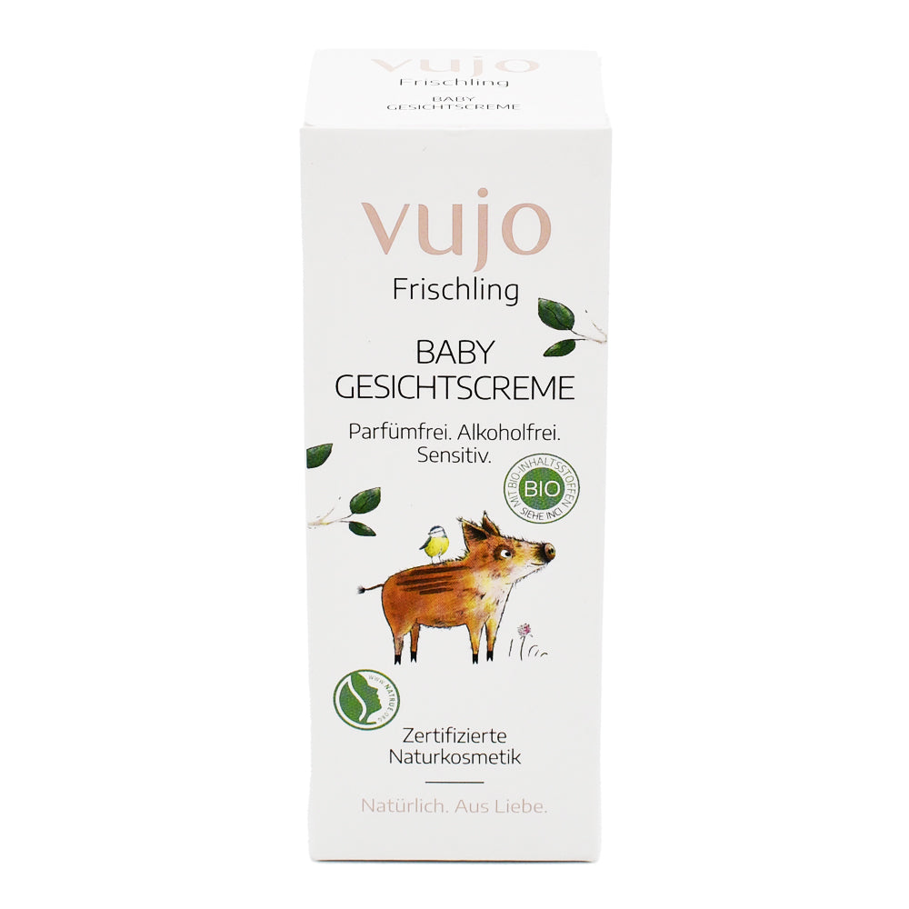 Vujo Frischling Baby Gesichtscreme 50 ml – Sanfte Pflege mit Bio-Aloe Vera und Bisabolol für empfindliche Babyhaut. Jetzt im Biomarkt Landgefühl kaufen.